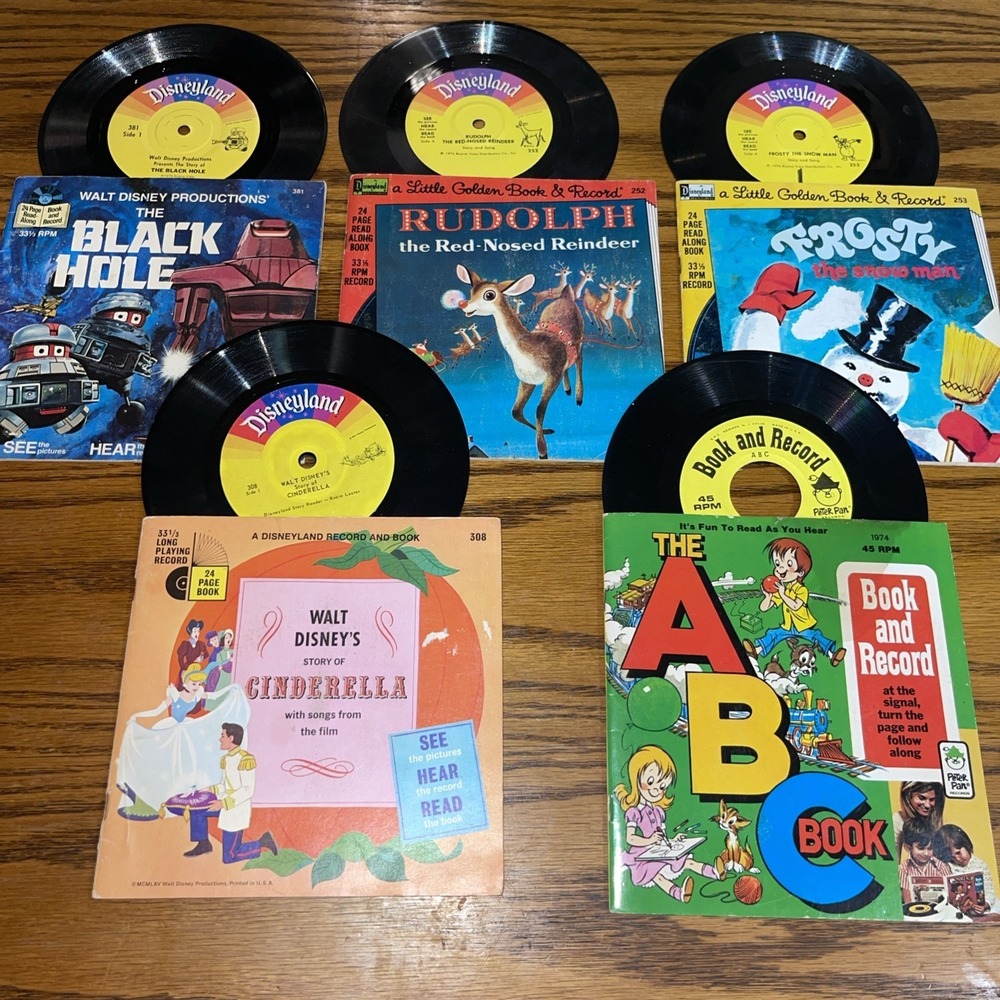 Read Along Book Record Lot Of 5 Frosty Rudolph Cinderella Disneyland Vintage